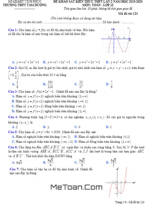 Đề khảo sát Toán 12 lần 2 năm 2019 - 2020 trường Tam Dương - Vĩnh Phúc