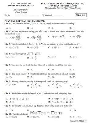 Đề thi cuối kì 2 Toán 10 năm 2022 - 2023 trường THPT Chế Lan Viên - Quảng Trị (Có đáp án)