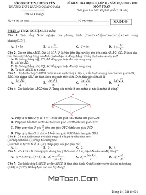 Đề thi HK1 Toán 11 năm 2019 – 2020 trường Dương Quảng Hàm – Hưng Yên