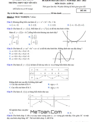Đề thi giữa kỳ 1 Toán 12 năm 2021 - 2022 trường THPT Việt Yên 1 - Bắc Giang