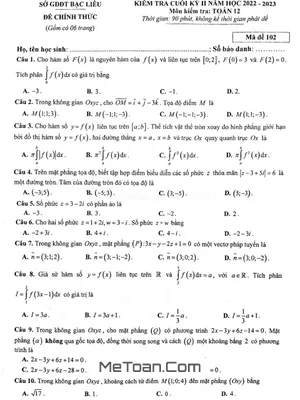 Đề thi Toán 12 cuối kỳ 2 năm 2022 - 2023 Sở GD&ĐT Bạc Liêu (có đáp án)
