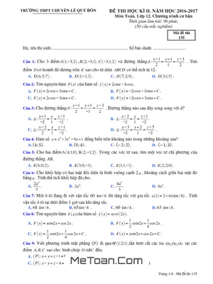 Đề thi HK2 Toán 12 cơ bản năm 2016 - 2017 trường THPT chuyên Lê Quý Đôn - Quảng Trị