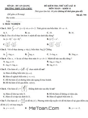 Đề thi thử giữa kì 2 Toán 11 năm 2023 – 2024 trường THPT Tân Châu – An Giang