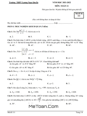Đề thi học kỳ 2 Toán 11 năm 2021-2022 trường Lương Ngọc Quyến - Thái Nguyên (có lời giải)