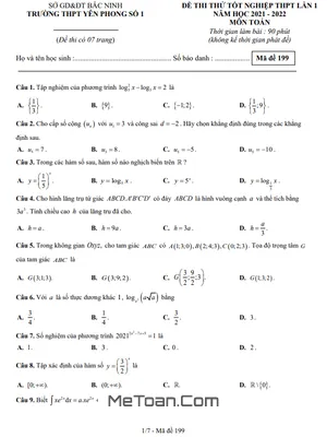 Đề thi thử Toán tốt nghiệp THPT 2022 lần 1 trường THPT Yên Phong 1 – Bắc Ninh
