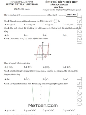 Đề thi thử Toán tốt nghiệp THPT 2021 trường Trần Nhân Tông – Quảng Ninh