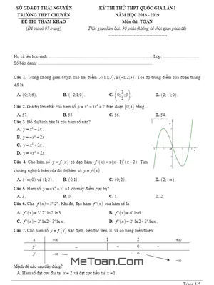 Đề thi thử THPT Quốc gia 2019 môn Toán lần 1 trường THPT chuyên Thái Nguyên