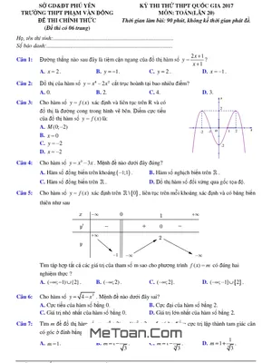 Đề Thi Thử THPT Quốc Gia 2017 Môn Toán Trường THPT Phạm Văn Đồng - Phú Yên