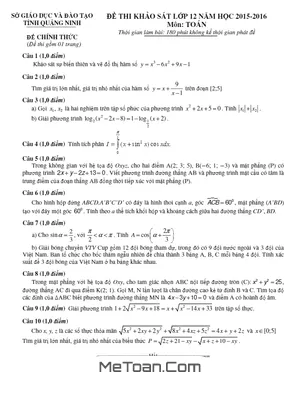 Đề thi thử THPT Quốc gia 2016 môn Toán - Sở GD&ĐT Quảng Ninh