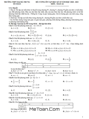 Đề Cương Ôn Tập Toán 10 Kỳ 2 Năm 2020 - 2021 Trường THPT Hai Bà Trưng - Huế