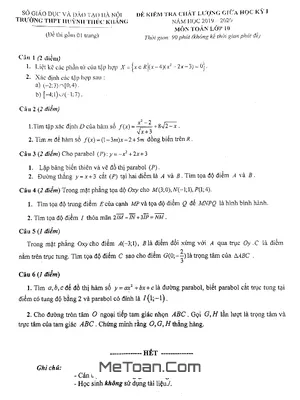Đề thi giữa HK1 Toán 10 năm 2019 - 2020 trường Huỳnh Thúc Kháng - Hà Nội