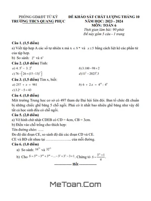 Đề KSCL Toán 6 Tháng 10 Năm 2023 - 2024 Trường THCS Quang Phục - Hải Dương