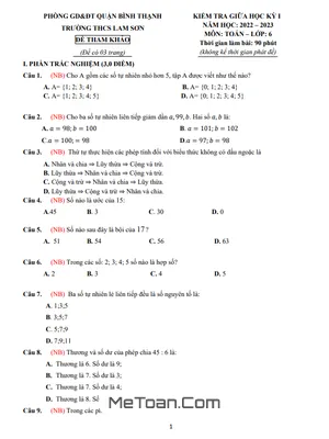 Đề Tham Khảo Giữa Kỳ 1 Toán 6 Năm 2022 - 2023 Trường THCS Lam Sơn - TP HCM
