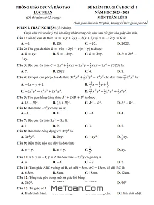 Đề thi giữa kì 1 Toán 8 năm 2023 - 2024 phòng GD&ĐT Lục Ngạn - Bắc Giang