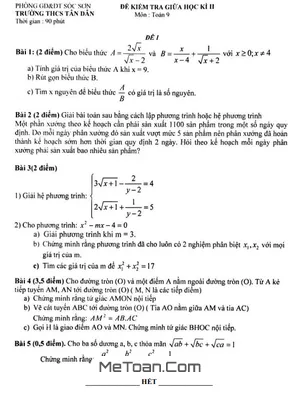Đề thi giữa kì 2 Toán 9 năm 2021-2022 trường THCS Tân Dân - Hà Nội