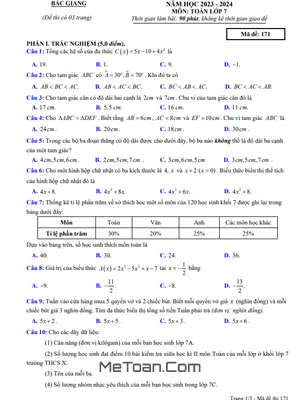 Đề kiểm tra cuối kì 2 Toán 7 năm 2023 - 2024 sở GD&ĐT Bắc Giang