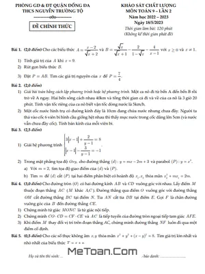 Đề khảo sát Toán 9 lần 2 năm 2022 – 2023 trường THCS Nguyễn Trường Tộ – Hà Nội