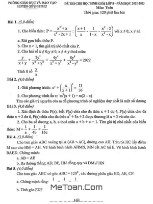 Đề thi học sinh giỏi Toán 8 năm 2022 - 2023 phòng GD&ĐT Quỳnh Phụ, Thái Bình