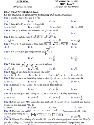 Đề thi giữa kỳ 1 Toán 9 năm 2022 - 2023 phòng GD&ĐT Hiệp Hòa - Bắc Giang