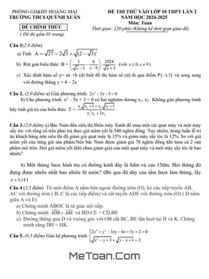 Đề thi thử Toán vào 10 lần 2 năm 2024 - 2025 trường THCS Quỳnh Xuân - Nghệ An