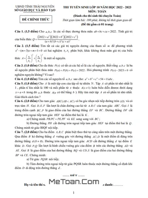 Đề thi tuyển sinh lớp 10 môn Toán (chuyên) năm 2022 - 2023 sở GD&ĐT Thái Nguyên