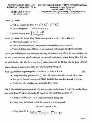 Đề Thi Vào 10 Chuyên Toán Trường Đại Học Khoa Học Huế Năm 2021 (Vòng 1)
