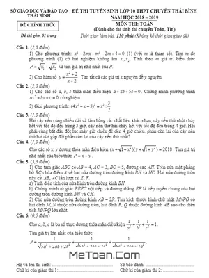 Đề thi Tuyển sinh Lớp 10 Chuyên Toán Thái Bình Năm 2018 - 2019 (Có Lời Giải)