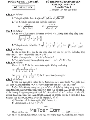 Đề thi HSG huyện Toán 9 năm 2018 - 2019 phòng GD&ĐT Thạch Hà - Hà Tĩnh