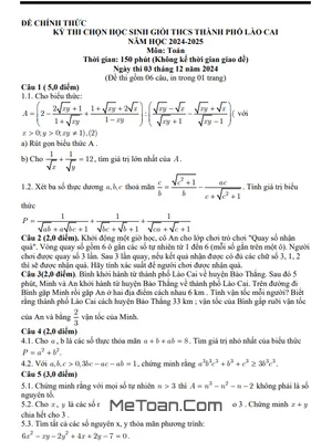 Đề chọn học sinh giỏi Toán 9 năm 2024 - 2025 phòng GD&ĐT thành phố Lào Cai