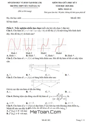 Đề thi Giữa Kỳ 1 Toán 12 năm 2025 - 2026 THPT Ngô Gia Tự 1 - Đắk Lắk (Có Đáp Án)
