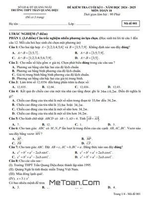 Đề thi cuối kì 1 Toán 10 năm 2024 – 2025 trường THPT Trần Quang Diệu – Quảng Ngãi (Có Đáp Án)