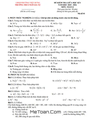 Đề Thi Giữa Kì 1 Toán 8 Năm Học 2025 - 2026 THCS Ngô Gia Tự Hà Nội (Kèm Đáp Án Chi Tiết)