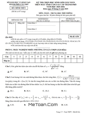 Đề Thi Chọn Học Sinh Giỏi Giải Toán THPT Bằng Máy Tính Cầm Tay (MTCT) 2025-2026 Sở GD&ĐT Cần Thơ