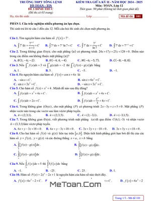 Đề giữa kỳ 2 Toán 12 năm 2024 – 2025 trường THPT Tông Lệnh – Sơn La
