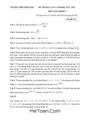 Đề KSCL Toán 11 Lần 1 Năm 2019 - 2020 Trường THPT Đồng Đậu - Vĩnh Phúc