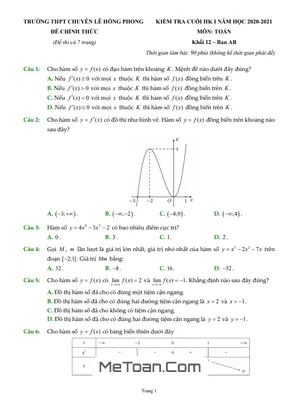 Đề thi HK1 Toán 12 năm 2020 – 2021 trường chuyên Lê Hồng Phong – TP HCM