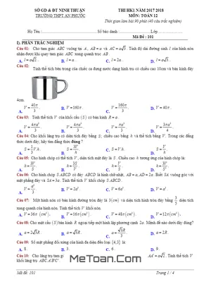 Đề thi HK1 Toán 12 năm học 2017 - 2018 trường THPT An Phước - Ninh Thuận (Có đáp án)