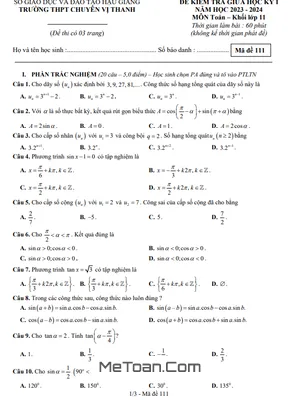 Đề Thi Giữa Kỳ 1 Toán 11 Năm 2023 - 2024 Trường THPT Chuyên Vị Thanh - Hậu Giang