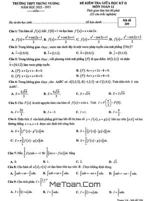 Đề giữa học kỳ 2 Toán 12 năm 2022 – 2023 trường THPT Trưng Vương – TP HCM