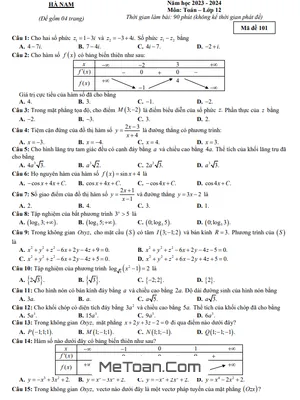 Đề khảo sát chất lượng Toán 12 cuối năm 2023 - 2024 Sở GD&ĐT Hà Nam
