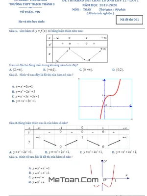 Đề khảo sát Toán 12 lần 1 năm 2019 - 2020 trường Thạch Thành 3 - Thanh Hóa