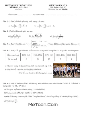 Đề thi học kỳ 1 Toán 11 năm 2023 - 2024 trường THPT Trưng Vương - TP HCM (có đáp án)