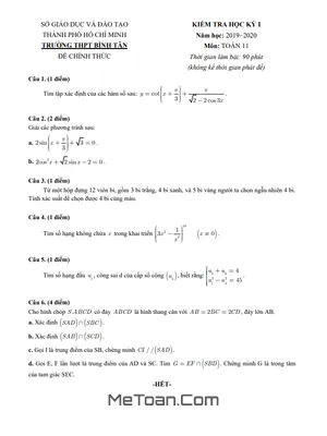 Đề kiểm tra học kỳ 1 Toán 11 năm 2019 - 2020 trường THPT Bình Tân - TP HCM