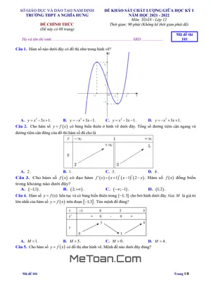 Đề Thi Giữa Kỳ 1 Toán 12 Năm 2021-2022 Trường THPT A Nghĩa Hưng - Nam Định