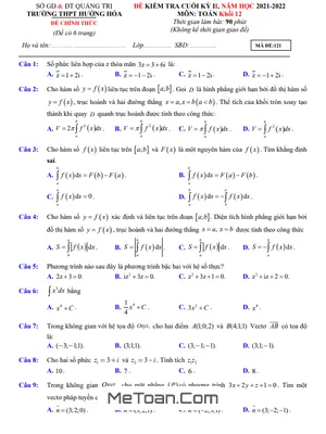 Đề thi cuối kỳ 2 Toán 12 năm 2021 - 2022 trường THPT Hướng Hóa - Quảng Trị