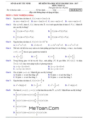Đề thi HK2 Toán 12 năm học 2016 - 2017 Sở GD&ĐT Tây Ninh