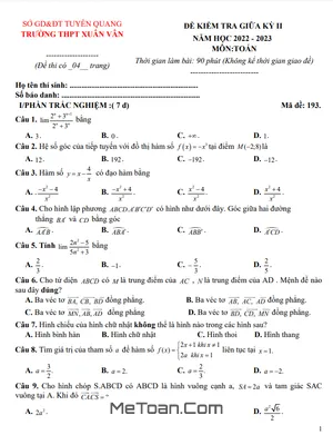 Đề Thi Giữa Kì 2 Toán 11 Năm 2022 - 2023 Trường THPT Xuân Vân - Tuyên Quang