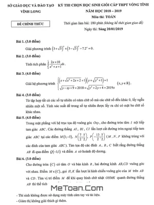 Đề thi HSG cấp tỉnh Toán THPT năm 2018 - 2019 Sở GD&ĐT Vĩnh Long