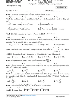 Đề thi thử Toán THPTQG 2018 liên trường THPT - Nghệ An lần 2 có đáp án