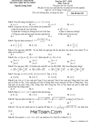 Đề thi giữa kỳ 1 Toán 10 năm 2017-2018 trường THPT Hưng Nhân - Thái Bình